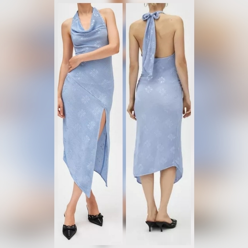 Silence + Noise Sienna Plisse Cowl Neck Halter Midi Dress, Light Blue, XL